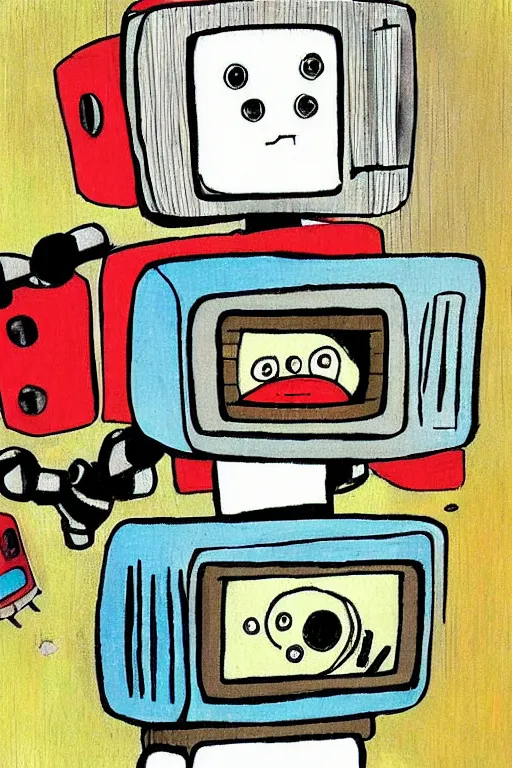 Prompt: children's book illustration of robots watching tv by margret rey