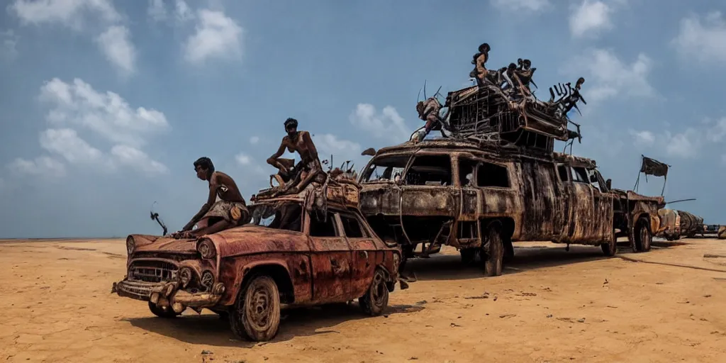 Image similar to sri lankan mad max style, ocean ship, film still, epic shot cinematography, rule of thirds