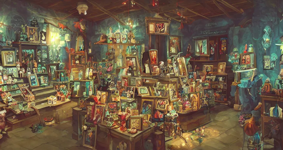 Prompt: A beautiful artwork illustration, a cursed gift shop, featured on artstation, wide angle, horizontal orientation