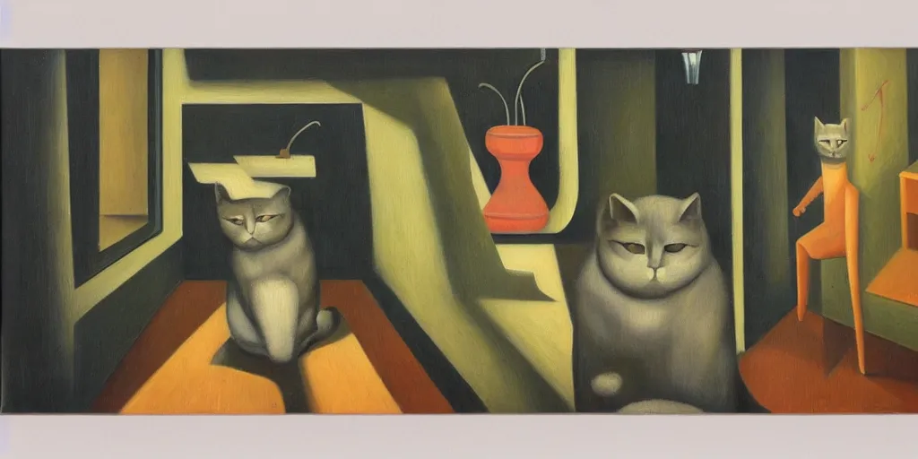 Image similar to brutalist feline robot portrait, grant wood, pj crook, edward hopper, oil on canvas