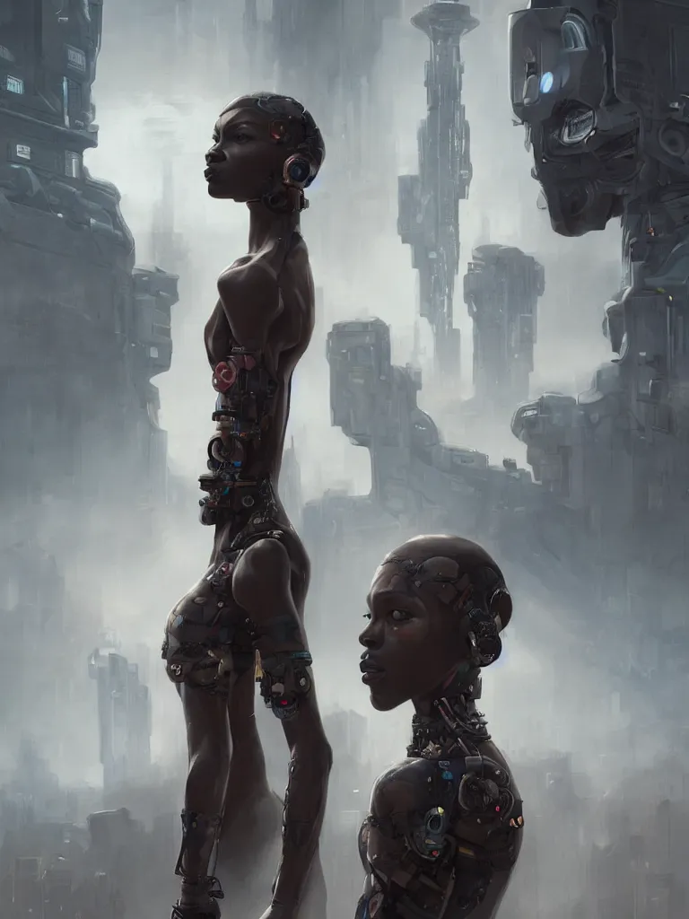 Prompt: a cyberpunk longshot portrait of one tall stunning african cyborg model, in the movie The Arrival, award-winning, masterpiece, in the style of Peter Mohrbacher