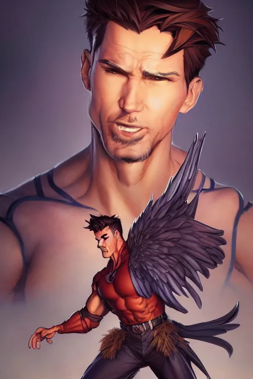 Image similar to character art by wlop, steve henderson, and j scott campbell, gooseman, male hero, goose head, wings, 4 k, arstation, trending, high quality, very detailed, digital