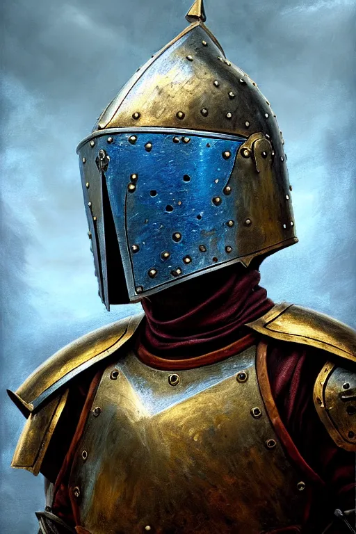 Image similar to a knight in full iron plate armor that is wearing a fluted helm, in the style of an oil painting and d & d art, fullbody, blue fog, mystic, magic, sharp focus, award - winning, extremely detailed, 4 k,