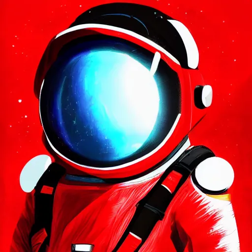 Image similar to a red suit astronaut, red simple jetpack, with a light blue visor, 4 k, digital painting, trending on artstation