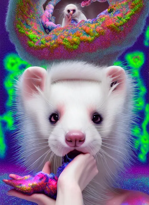 Image similar to hyper detailed 3d render like a Oil painting - kawaii portrait Aurora (white haired Singer Ferret) seen Eating of the Strangling network of yellowcake aerochrome and milky Fruit and Her delicate Hands hold of gossamer polyp blossoms bring iridescent fungal flowers whose spores black the foolish stars by Jacek Yerka, Mariusz Lewandowski, Houdini algorithmic generative render, Abstract brush strokes, Masterpiece, Edward Hopper and James Gilleard, Zdzislaw Beksinski, Mark Ryden, Wolfgang Lettl, hints of Yayoi Kasuma, octane render, 8k