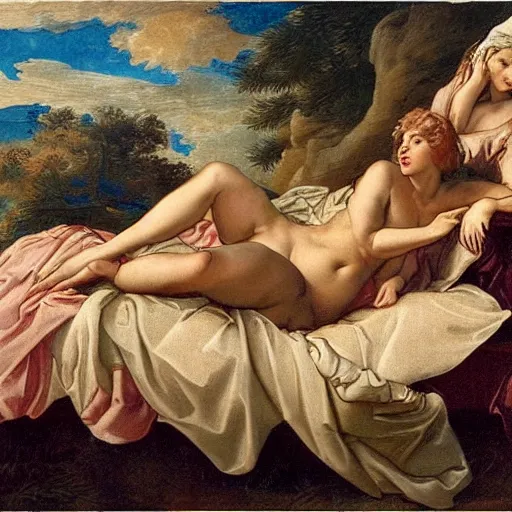 Prompt: by charles le brun, by greg land balmy. a kinetic sculpture of a woman reclining on a bed.