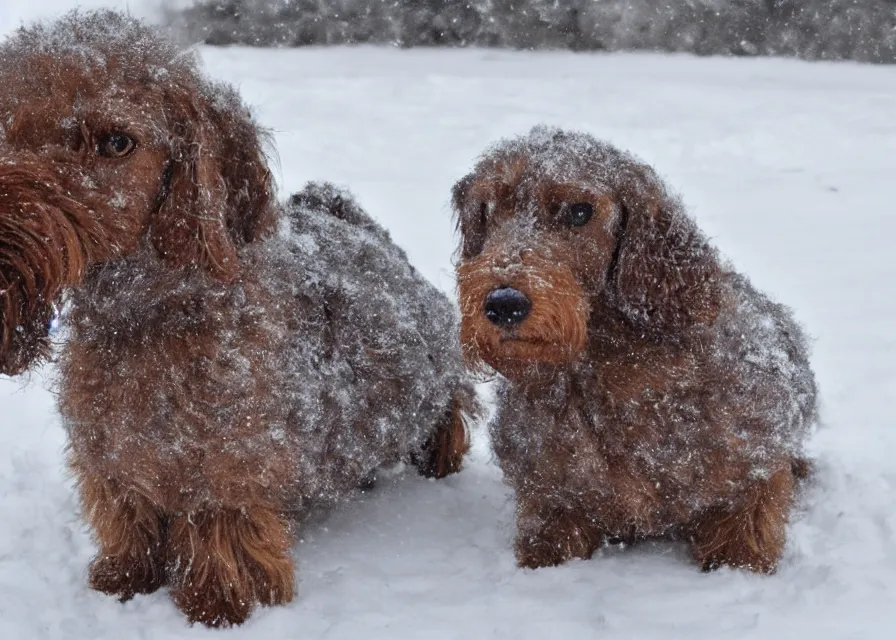 Image similar to Giant woolly dachshund, in the middle of a snow storm