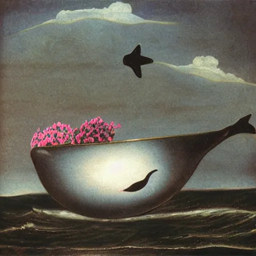 Prompt: a whale and a bowl of petunias falling through the sky