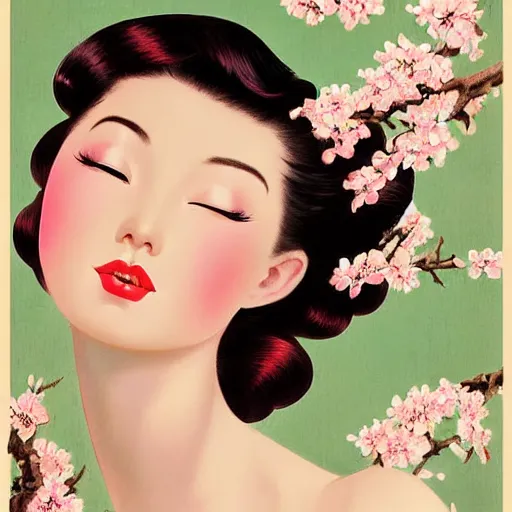 Image similar to pin - up portrait of a beautiful young chinese woman, pretty long hair, cherry blossoms, intense flirting, showing curves, symmetrical face, digital art, smooth, extremely detailed, model pose, intense look, dream, gorgeous young model, traditional beauty, pretty, by wu bayard, by gil elvgren, by ralph horsley, by hanks steve