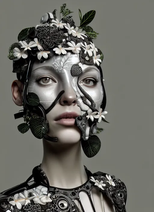 Image similar to monochrome 3 d model, biomechanical young female cyborg with porcelain profile face and a big floral eye, volumetric light, big leaves foliage and stems, hibiscus flowers, boho floral vines, sinuous fine roots, fine foliage lace, alexander mcqueen, rim light, art nouveau fashion pearl embroidered collar, steampunk, octane render, 8 k