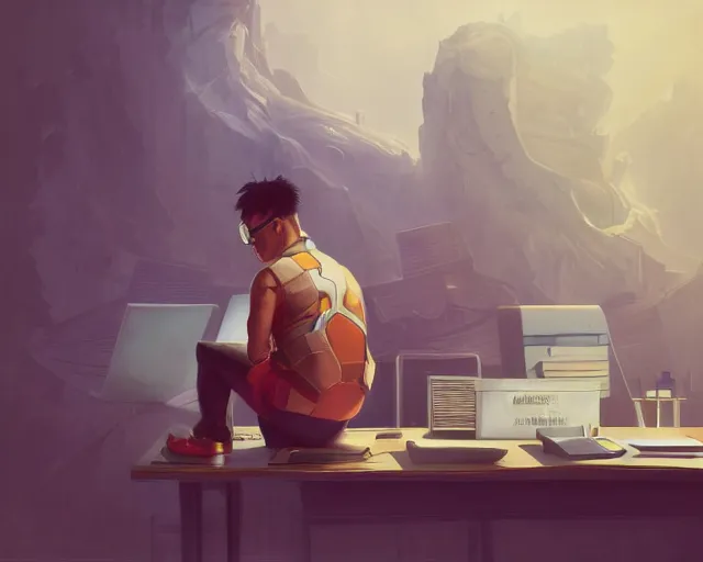 Image similar to an insanely detailed painting of a nerdy asian man wearing a superhero costume, sitting at a desk, staring at the nervously at the computer and typing, in the style of peter mohrbacher, dramatic lighting and composition, octane render, pixar, trending on artstation, concept art, comic book, view from behind