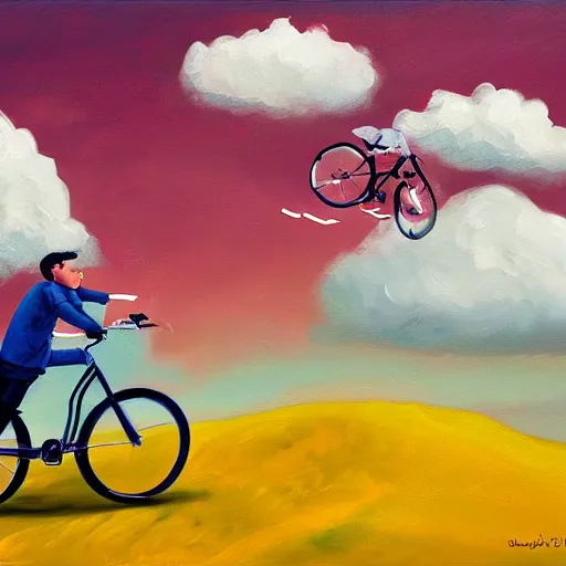 Image similar to A whimsical painting of a happy man flying in the sky on his bicycle in the clouds, action shot, subject is smiling, expressive oil painting, digital art