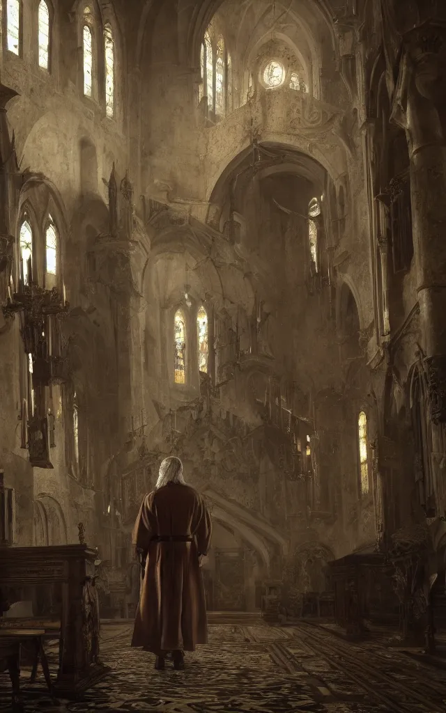 Image similar to mads mikkelsen as geralt of rivia from the witcher inside a church, artstation, by camille corot, cinematic, dramatic, filmic, 8 k, moody lighting, cinematic lighting, insanely detailed and intricate, hypermaximalist, elegant, ornate, hyper realistic, super detailed