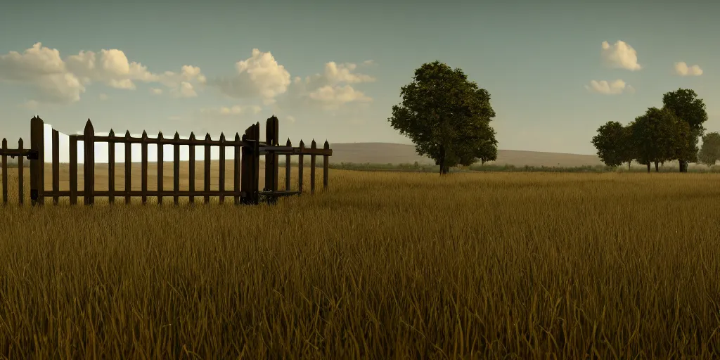 Image similar to Render of a large scale field landscape. single gate as centerpiece. Stylized. Digital art. Medieval. Highly detailed. Unreal engine 5. 8k. Evocative.