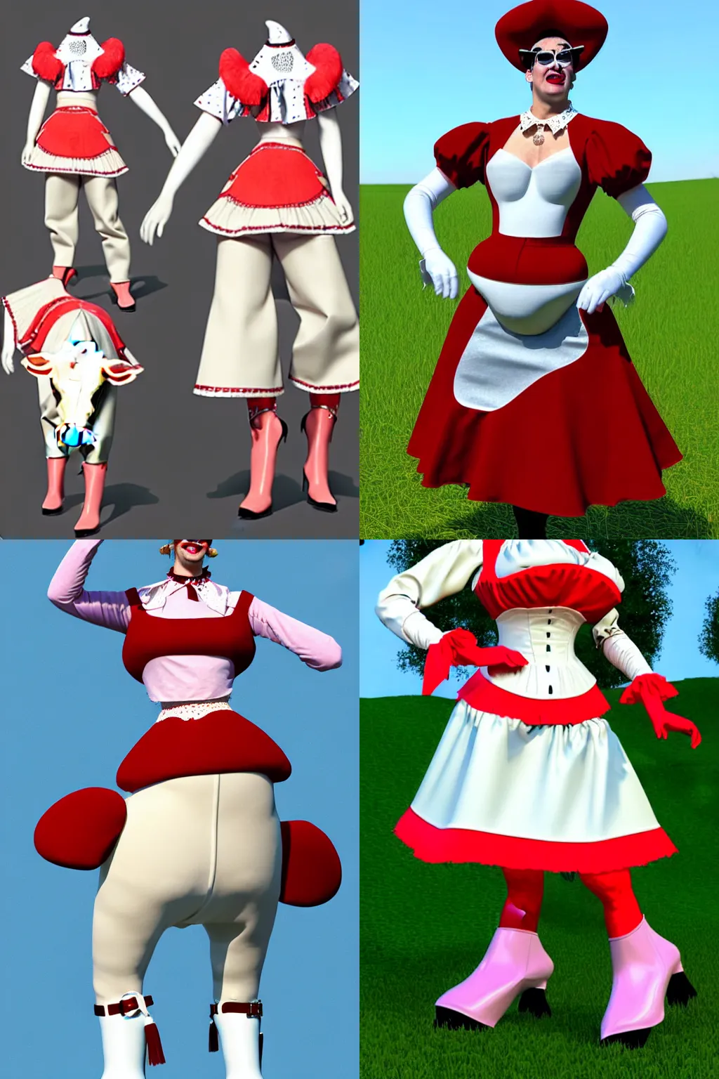 Image similar to a Marvelous Designer render of a 1999 Dutch milkmaid costume with exposed midriff and prosthetic udders. Drag queen, campy. Cow Costume with Udders, comical. Cloven Hoof High-Heeled Boots. Puff sleeves, ruched bodice. Choker necklace with a large cow bell on it. Holstein cow spot damask fabric.