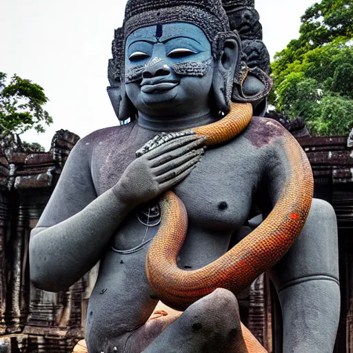 Image similar to angkor, asuras giant yaksha statues, front full body standing, holding snakes, photorealistic, photography hight quality, sharp, stones, award winning photography, canon, thierry rouzier