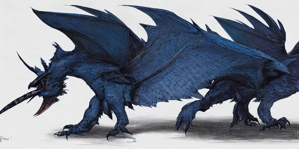 Image similar to Draconian dark reflective blue owl creature, character design sheet, Monster Hunter Illustrations art book, sharp and scaly feathers, huge wings, thick and strong legs, huge and sharp claws, red beak, Moebius, Greg Rutkowski, Zabrocki, Karlkka, Jayison Devadas, Phuoc Quan, trending on Artstation, 8K, ultra wide angle, zenith view, pincushion lens effect.