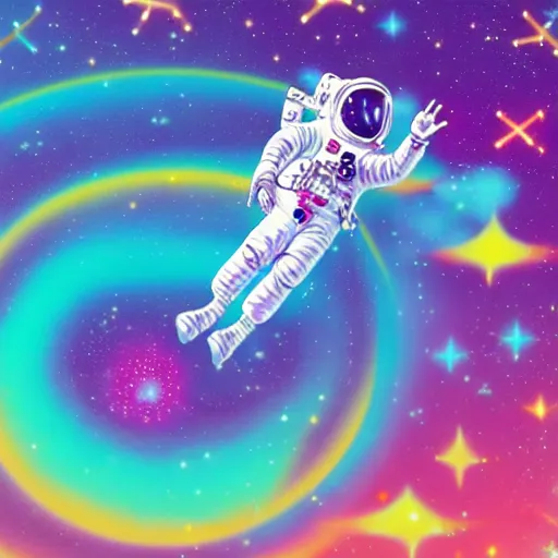 Image similar to Medium shot of an astronaut floating in space designed by Lisa Frank, digital art, cartoon art, acrylic, bokeh, synthwave, retro,