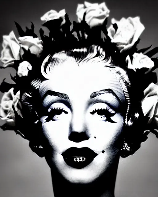 Image similar to dreamy surreal poetic black and white photo of a beautiful young bio-mechanical-female-jellyfish-cyborg-plant-plastic-robot Marilyn Monroe with a very long neck and a super big gothic lace collar and a very high big floral crown with many black dry roses by Vivienne Westwood:: smoke, high fashion, haute couture, rococo, avant-garde, elegant, dreamy, hyper realistic, 150 mm lens, soft rim light, octane render, unreal engine, picture was taken in 1910 by Dora Maar, volumetric lighting, dramatic light,8k,