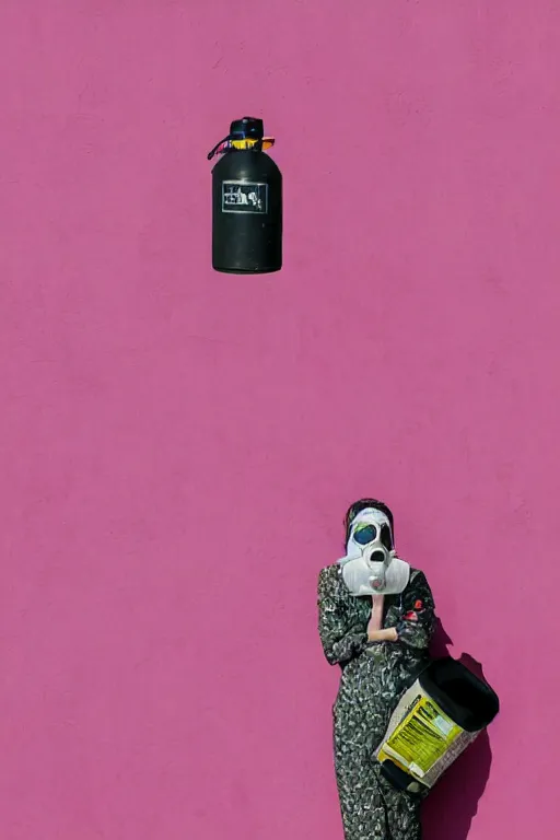 Prompt: a surreal portrait of a woman wearing a gas mask stuck in trash next to a pink wall in the style of brooke didonato, editorial fashion photography from vogue magazine, full shot, nikon d 8 1 0, ƒ / 2. 5, focal length : 8 5. 0 mm, exposure time : 1 / 8 0 0, iso : 2 0 0