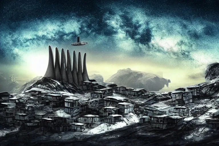 Image similar to favela twisting spaceship cathedral, snowy arctic environment, industrial factory, cliffs, peaks, bright, milky way, award winning art, epic dreamlike fantasy landscape, ultra realistic,