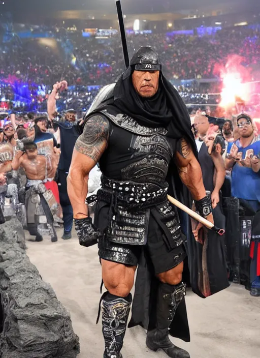 Image similar to dwayne johnson entering entrances ramp of smackdown as samurai!