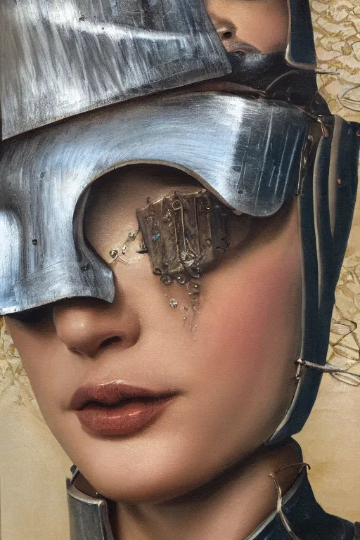 Prompt: hyperrealism oil painting, close-up portrait of medieval euopean fashion model, knight, steel gradient mixed with water swirls sky, in style of baroque mixed with 70s japan book art