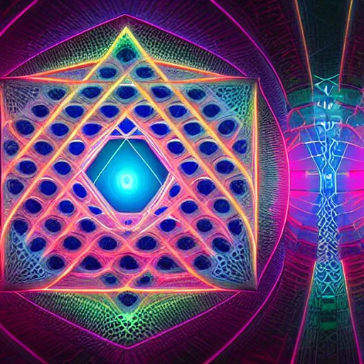 Image similar to matte painting of the sacred geometry of cyberpunk, brilliant colors, extremely detailed, very very detailed, in the style of alena aenami by Alex grey, HD, 4k, 8k