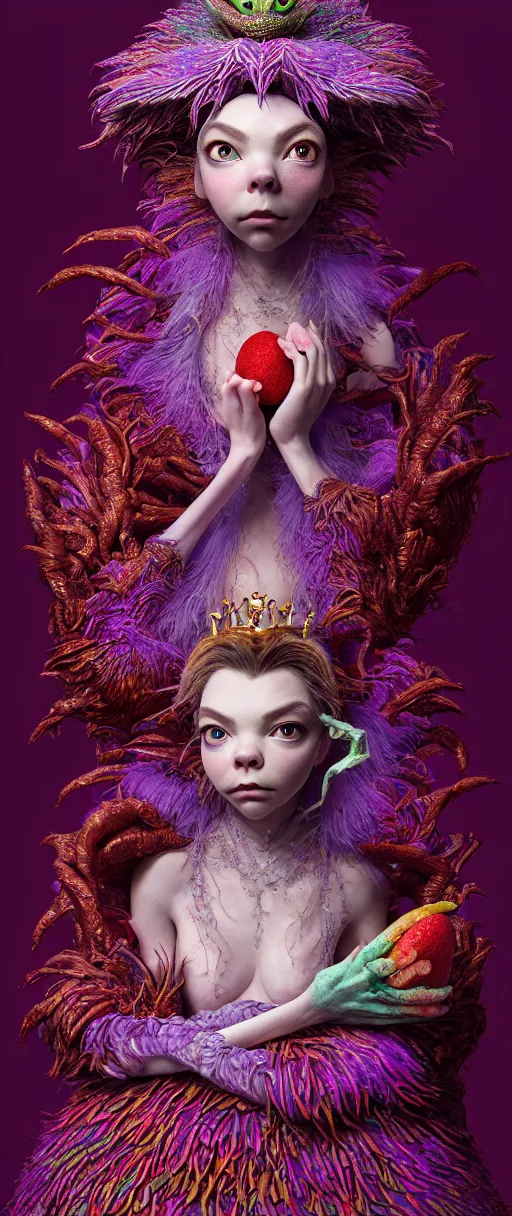 Image similar to hyper detailed 3d render like a Oil painting - kawaii portrait of quirky Aurora (a beautiful skeksis muppet fae queen from dark crystal that looks like Anya Taylor-Joy) seen red carpet photoshoot in UVIVF posing in scaly dress to Eat of the Strangling network of yellowcake aerochrome and milky Fruit and His delicate Hands hold of gossamer polyp blossoms bring iridescent fungal flowers whose spores black the foolish stars by Jacek Yerka, Ilya Kuvshinov, Mariusz Lewandowski, Houdini algorithmic generative render, Abstract brush strokes, Masterpiece, Edward Hopper and James Gilleard, Zdzislaw Beksinski, Mark Ryden, Wolfgang Lettl, hints of Yayoi Kasuma and Dr. Seuss, octane render, 8k