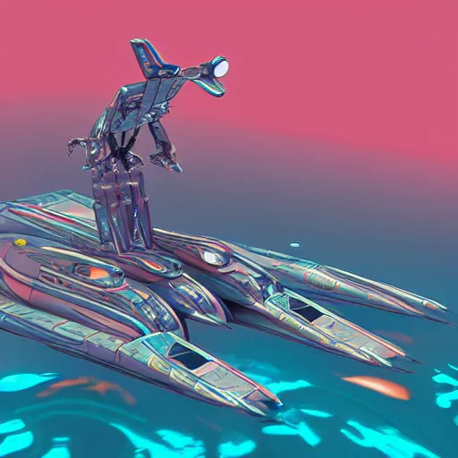 Prompt: futuristic amphibious combat mecha in the style of beeple, h. r. giger, lisa frank, submarine