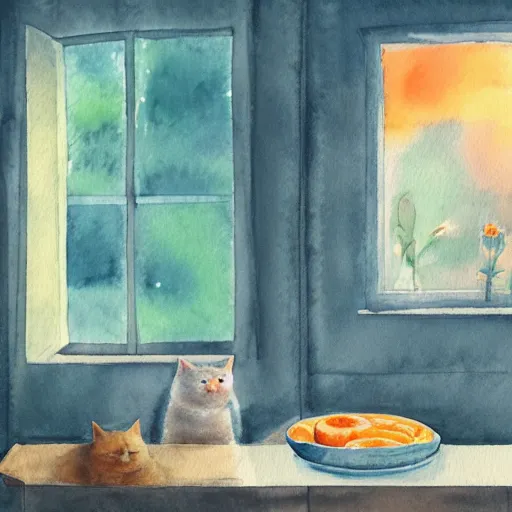 Prompt: A fat, cute orange cat in a beautiful room, cozy, watercolor on paper by CARY KWOK, details, lights, beautiful, 4K, 8K