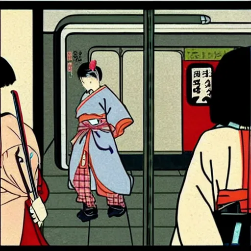 Image similar to Japanese schoolgirl runs away from Samurai with a katana on the subway by Toshio Saeki