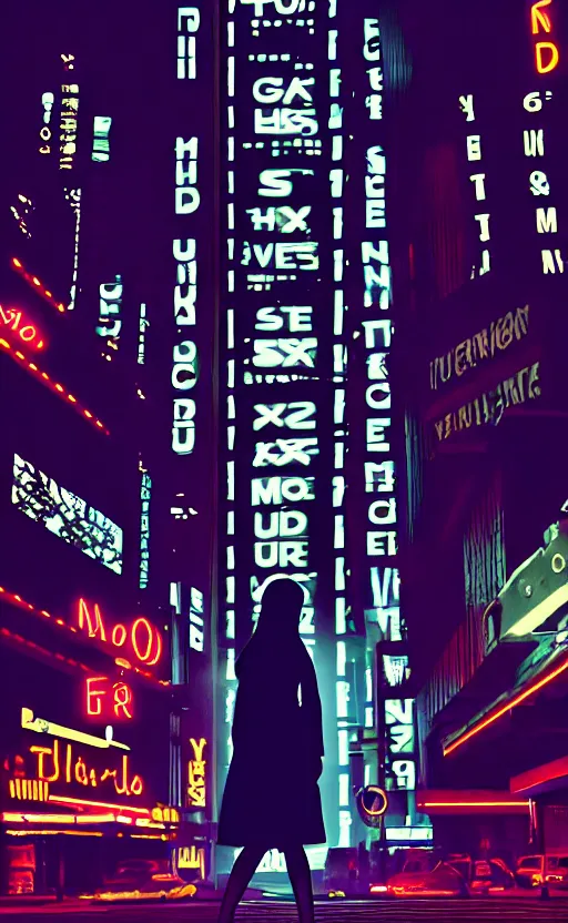 Image similar to vertical movie frame, silhouette of a girl in 7 0's retro club, editorial, fashion, neon - decorated urban on night in the city seen through the window, modern architecture design, vintage, night, blade runner, dark, clean lines, asian futuristic city at distance, big windows, octane, wide angle