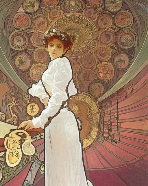 Image similar to painting alphonse mucha, the interior of the opera house, a singer in a white dress on a lighted stage, a palette of pastel colors