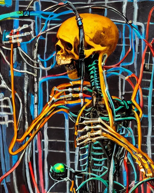 Image similar to oil neo expressionism painting of cyberpunk skull skeleton tethered to a bunch of wires and cords and chains wearing a vr oculus headset by basquiat