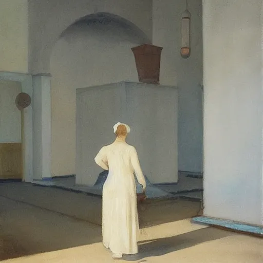 Image similar to a procession of woman in an abandoned soviet temple, watercolor by ivan biblin, by hammershøi, art noveau, highly detailed, lights by edward hopper, liminal, eerie, bright pastel colors