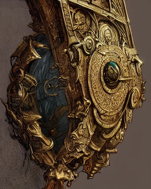 Image similar to close up shot of an amulet, d & d, fantasy, intricate, elegant, highly detailed, digital painting, artstation, concept art, smooth, sharp focus, illustration, in the style of artgerm and greg rutkowski and alphonse mucha