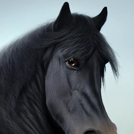 Image similar to matte painting of a black vantablack horse, close up portrait, super detailed, 8 k hdr, by greg rutkowski, trending on artstation, pastel colors, soft colors, low contrast