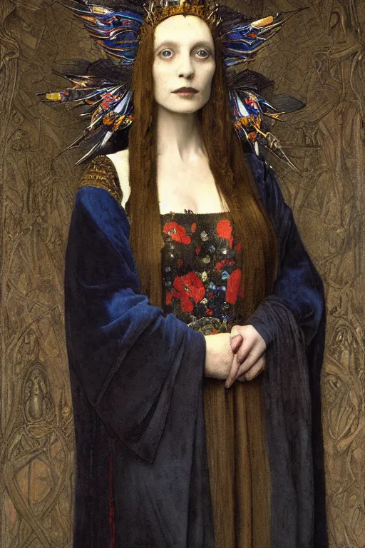 Image similar to portrait of the queen of crows, by Donato Giancola and John Bauer and Vermeer, embroidered velvet, iridescent beetles, rich color, ornate headdress, flowing robes, sacred artifacts, lost civilizations,featured on Artstation, cgisociety, unreal engine, extremely detailed