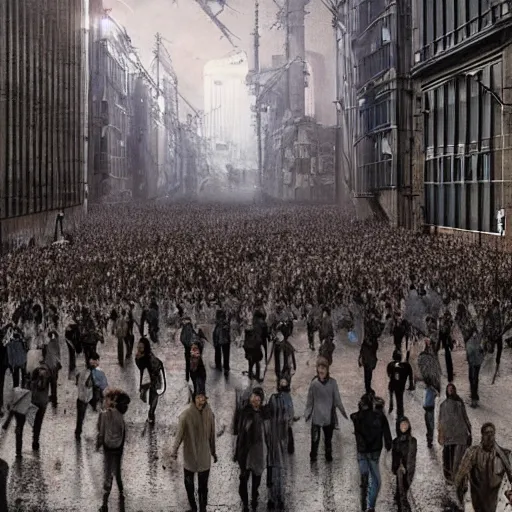 Image similar to hordes of drone-like people aimlessly walking around a depressing dystopian cityscape , trending on artststion, hyper realistic, surreal, melancholic, 8k, upscaled