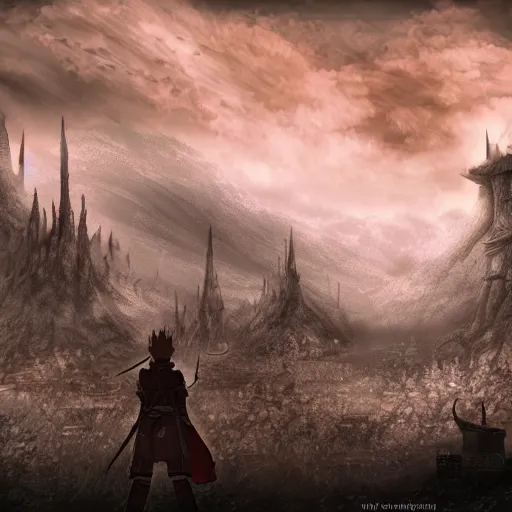 Prompt: a landscape of konoha, dark souls style