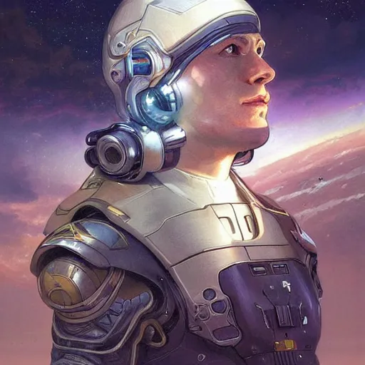 Prompt: portrait of a male space captain standing next to his space fighter ship, D&D, fantasy, intricate, muscular, highly detailed, digital painting, artstation, concept art, smooth, sharp focus, illustration, art by artgerm and greg rutkowski and alphonse mucha