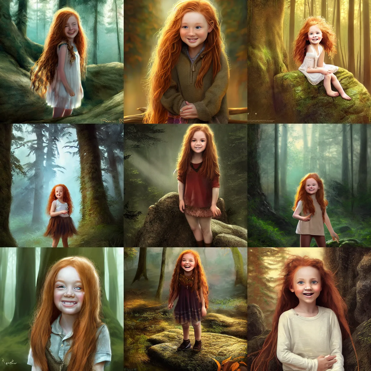 Prompt: beautiful 5 year old girl with long ginger hair and brown eyes, smiling and standing on a rock in the forest. warm atmospheric lighting. realistic face. highly detailed digital painting by ross tran.