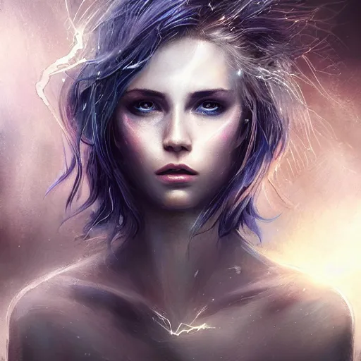 Prompt: lightning angel character portrait, lean face, cinematic lighting, glowing golden eyes, hyper-detailed, cgsociety, 8k, high resolution, in the style of Charlie Bowater, Tom Bagshaw, single face, symmetrical, headshot photograph, insanely detailed and intricate, beautiful, elegant, watercolor, cinematic, portrait, Raphaelite, headroom, artstation