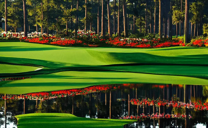 Image similar to augusta national, the masters, many beautiful flowers and magnlia trees, completely flooded with brown water, beautiful ambient light, fog,