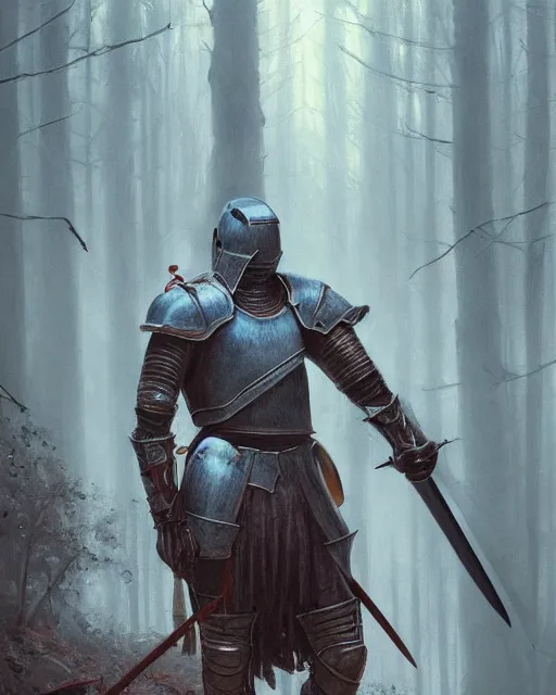 Image similar to Hyper realistic painting of a knight in rusty full plate armor wielding a greatsword, hyper detailed, surrounded by a dark forest, fog, moody, cinematic lighting, dim blue lighting, by greg rutkowski, trending on artstation