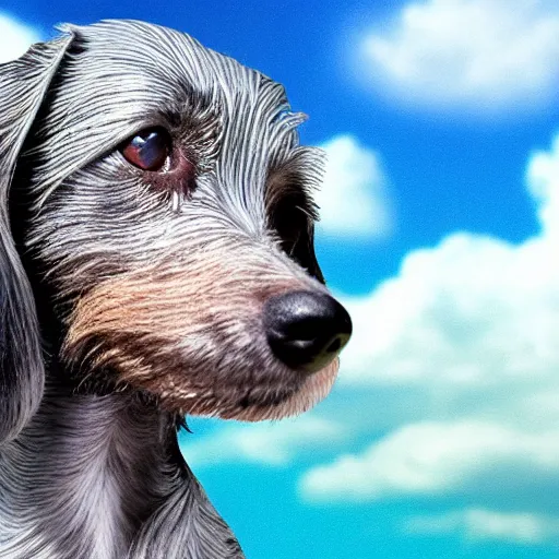 Image similar to an elderly, grey wire-haired dachshund floating in heaven, blue sky, surrounded by beautiful white clouds, with a halo over his head