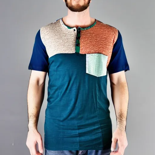 Image similar to a men's henley tshirt, with patchwork color fashion from the 8 0 s