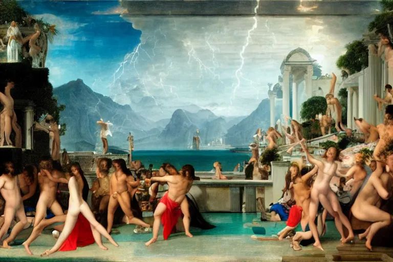 Image similar to Palace floating in heaven, 1km tall, thunderstorm, greek pool, beach and tropical vegetation, major arcana sky, people dancing by paul delaroche, hyperrealistic 4k uhd, award-winning very detailed, heaven paradise