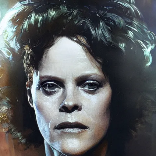 Image similar to sigourney weaver, hyperrealistic portrait, bladerunner street, art of elysium by jeremy mann and alphonse mucha, fantasy art, photo realistic, dynamic lighting, artstation, poster, volumetric lighting, very detailed face, 4 k, award winning